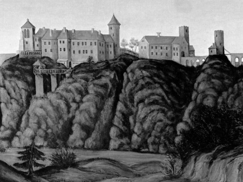 Ztvárnění pohledu na pohraniční hrad Vranov okolo roku 1600.