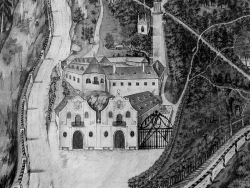 Zámecká kočárovna a konirna (na plánu lesoparku z roku 1799)